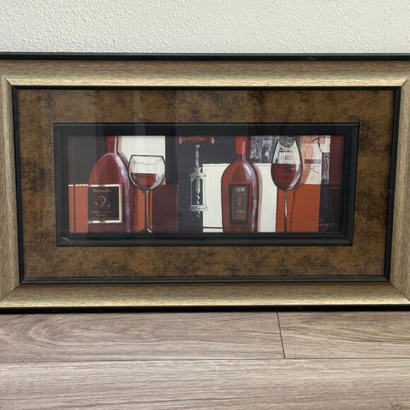 Classic Wine Print Signed "Rouge" Framed Black and Gold - Picture 2 of 8
